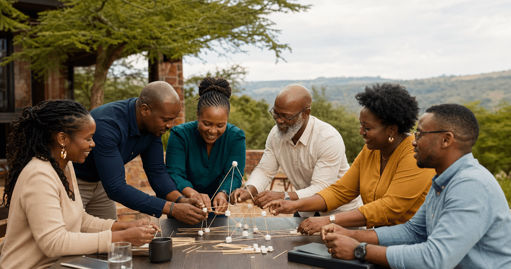 Professionals collaborating during an experiential team activity